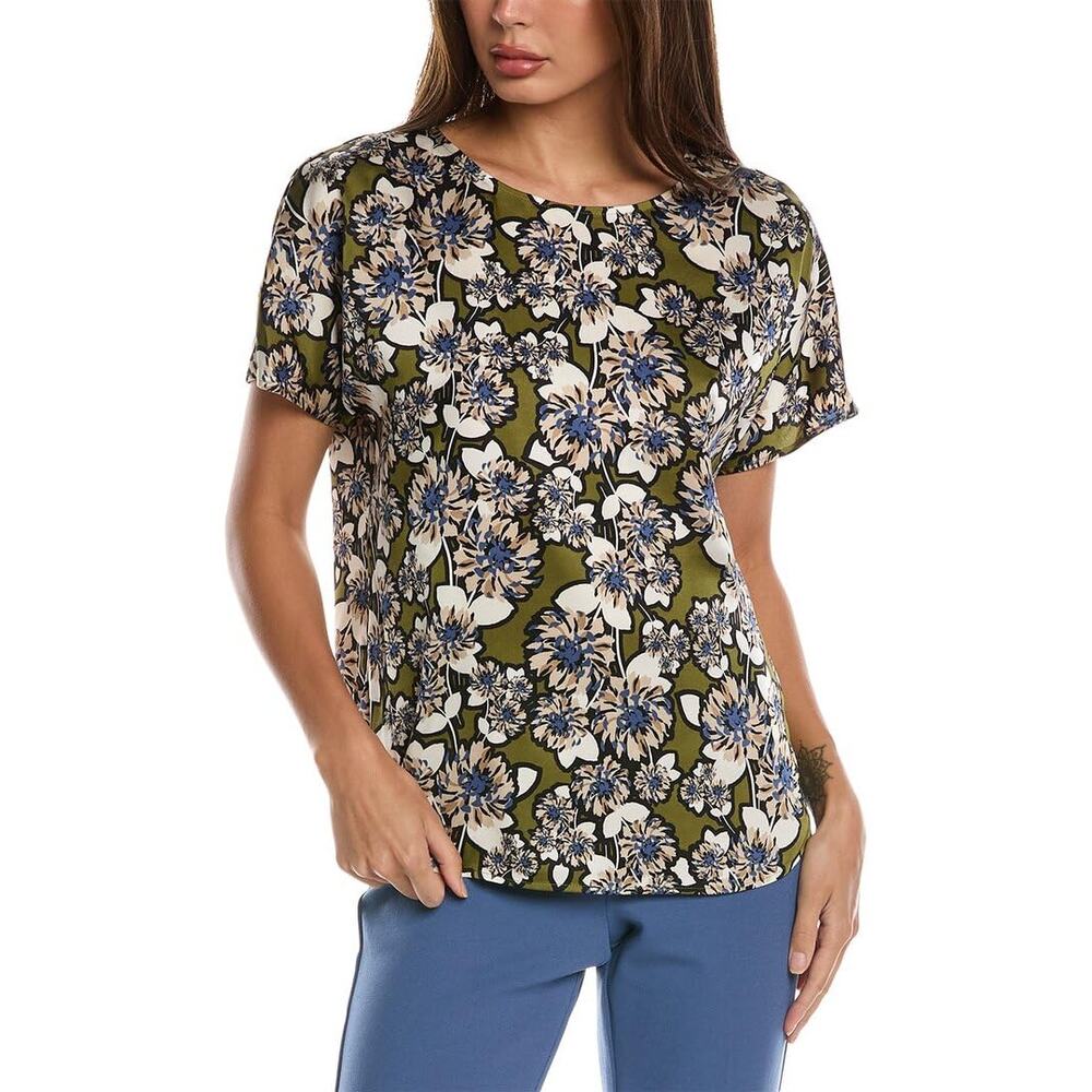 Anne Klein Women's Pull-On Floral Short-Sleeve Satin Top in Bay Leaf Green Print